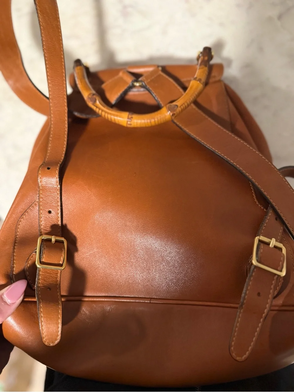 VINTAGE Gucci Brown Bamboo-Handle Leather Backpack
